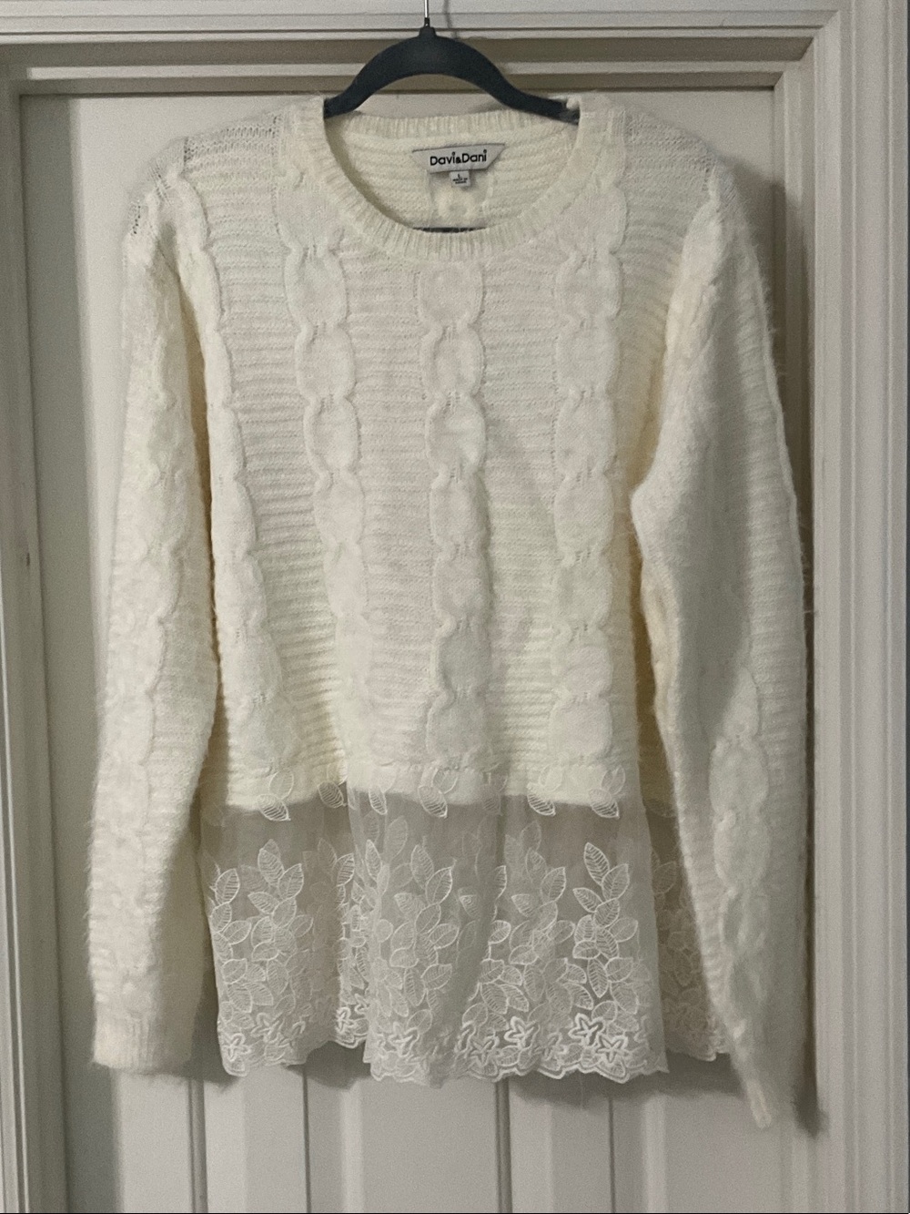 DAVI & DANI Cream Cable Knit Sweater with Lace Peplum
